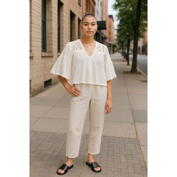Free People Carry Me Away Crop Top Blouse Shirt Embroidered Crochet Size L - Picture 1 of 9